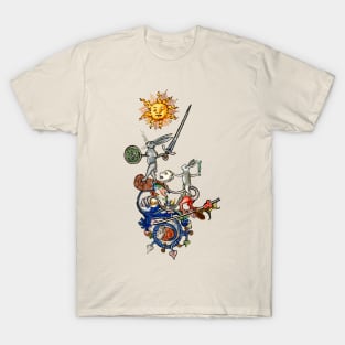 WEIRD MEDIEVAL BESTIARY Killer Rabbits Riding Monster With Sword and Shield T-Shirt